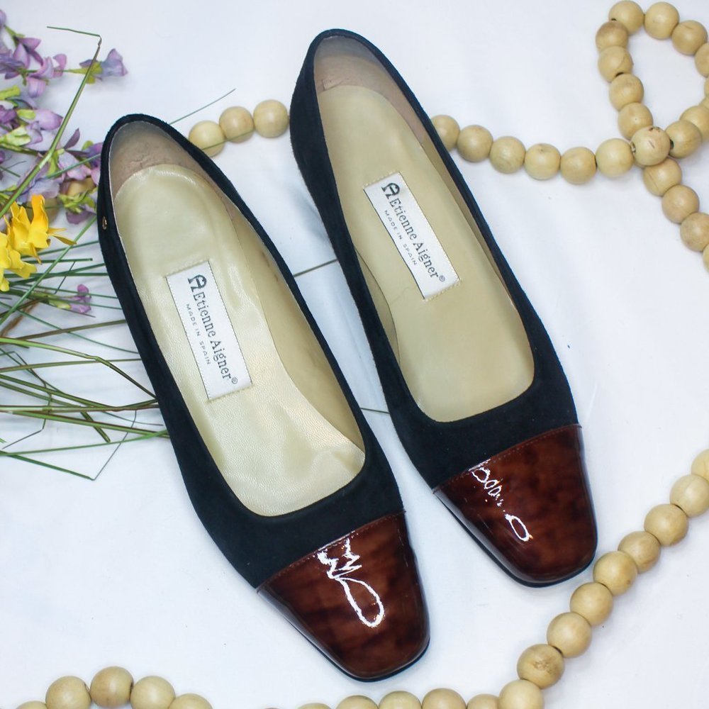 Vintage Etienne Aigner Black Suede Brown Tortoise Shell Block Heel 90s 8.5 Pumps - Picture 13 of 14